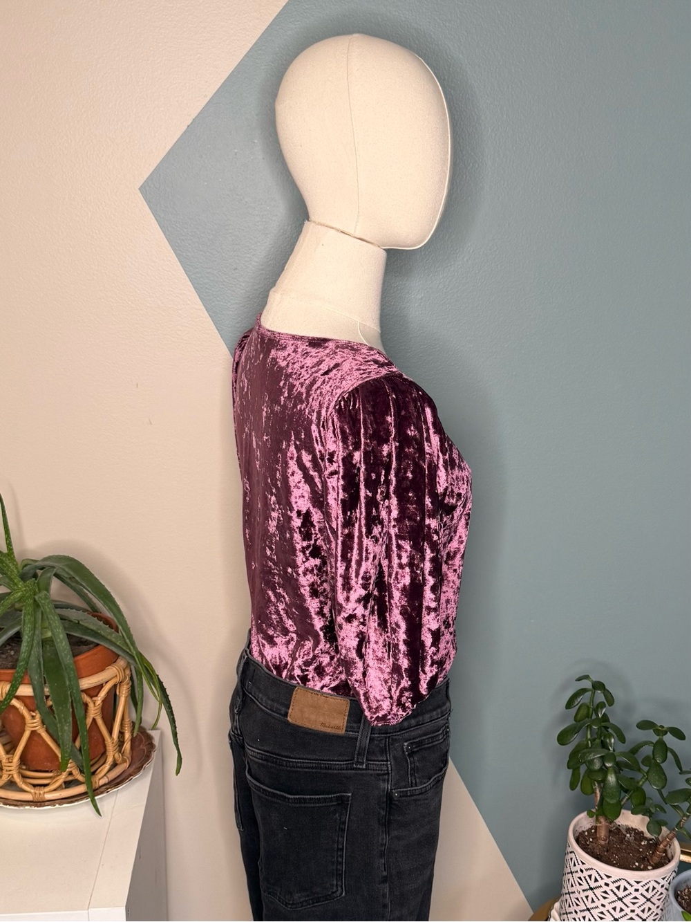 Free People Mauve Velvet Puff Sleeve Bodysuit Boho Glam Festival Party Medium - Picture 4 of 10